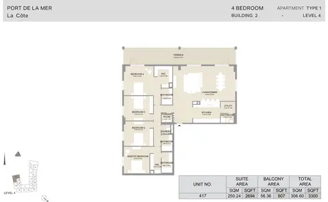 La Cote Apartments: Floor plan 4 bedroom unit area 2701 sq. ft. to 3608 sq. ft., 3,608 sq ft