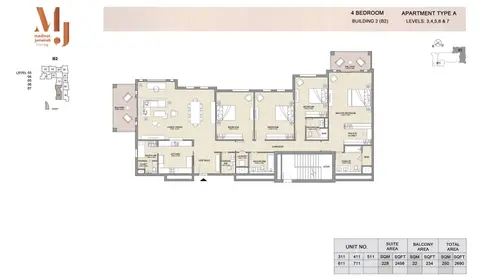 Madinat Jumeirah Living Apartments: Floor plan 4 Bedroom B 2, Type A, Levels 3 to 7, Size 2690 sq.ft, 2,690 sq ft