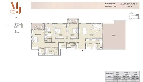Madinat Jumeirah Living Apartments: Floor plan 4 Bedroom B 2, Type C, Level 9, Size 3584 sq.ft, 3,584 sq ft