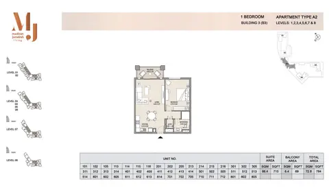 Madinat Jumeirah Living Apartments: Floor plan Building3 1 Bedroom, Type A2, Levels 1 to 8, Size 784 sq.ft, 784 sq ft