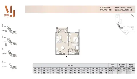 Madinat Jumeirah Living Apartments: Floor plan Building3 1 Bedroom, Type A2, Levels 1 to 8, Size 784.5 sq.ft, 785 sq ft