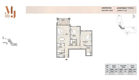 Madinat Jumeirah Living Apartments: Floor plan Building3 2 Bedroom, Type A2, Levels 1 to 2, Size 1349 sq.ft, 1,349 sq ft