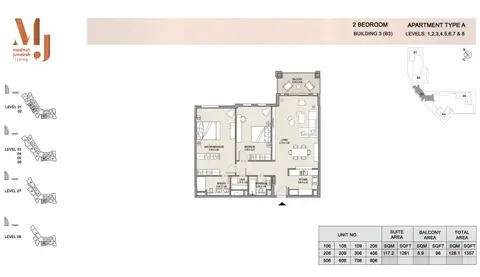 Madinat Jumeirah Living Apartments: Floor plan Building3 2 Bedroom, Type A2, Levels 1 to 8, Size 1357 sq.ft, 1,357 sq ft