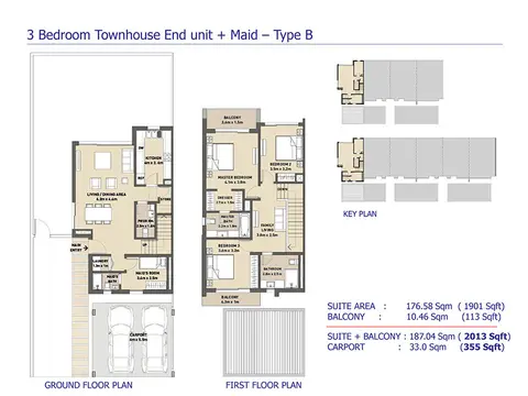 Arabella 3 At Mudon: Floor plan 3-Bedroom-Townhouse-End-Unit-Maid-Type-B, 2,013 sq ft