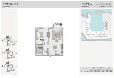 La Sirene Port De La Mer: Floor plan 1-BR, Type-1, Level-2-to-4, Size-789.96 sq.ft, 790 sq ft