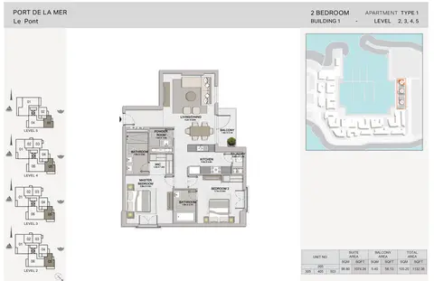 La Sirene Port De La Mer: Floor plan 2-BR, Type-1, Level-2-to-5, Size-1132.36 sq.ft, 1,132 sq ft