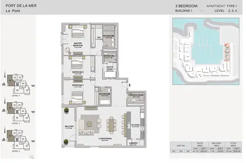 La Sirene Port De La Mer: Floor plan 3-BR, Type-1, Level-2-to-4, Size-2078.30 sq.ft, 2,078 sq ft