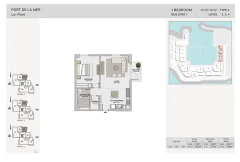 La Sirene Port De La Mer: Floor plan 1-BR, Type-2, Level-2-to-4, Size-789.64 sq.ft, 790 sq ft