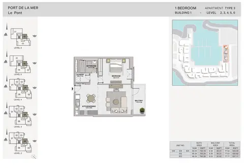 La Sirene Port De La Mer: Floor plan 1-BR, Type-3, Level-2-to-6, Size-837.11 sq.ft, 837 sq ft