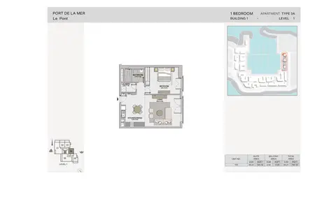 La Sirene Port De La Mer: Floor plan 1-BR, Type-3A, Level-1, Size-745.19 sq.ft, 745 sq ft