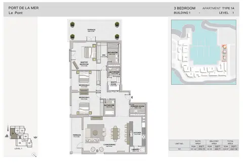 La Sirene Port De La Mer: Floor plan 3-BR, Type-1A, Level-1, Size-2421.56 sq.ft, 2,422 sq ft