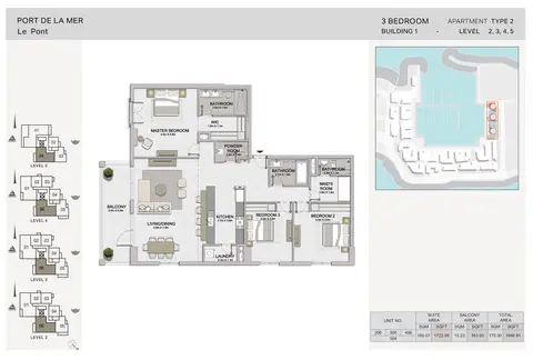 La Sirene Port De La Mer: Floor plan 3-BR, Type-2, Level-2-to-5, Size-1886.91 sq.ft, 1,887 sq ft