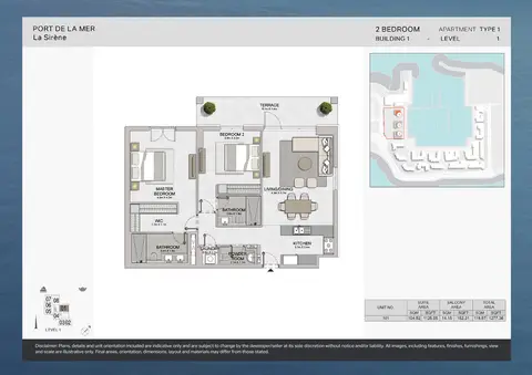 La Sirene Port De La Mer: Floor plan Type 1, Level 1, 1,277 sq ft