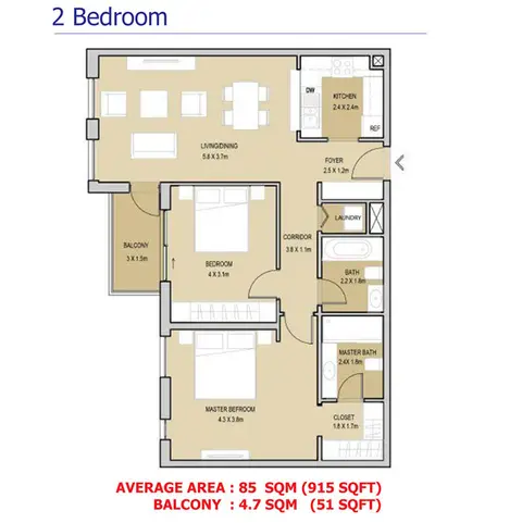 Mudon Views Apartments: Floor plan 2 Bedroom, 915 sq ft