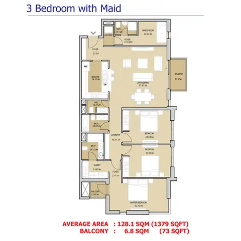 Mudon Views Apartments: Floor plan 3 Bedroom With Maid, 1,379 sq ft