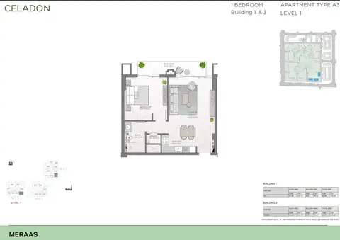 Celadon Central Park: Планировка Type A3, Building 1 & 3, Level 1, 710 sq ft