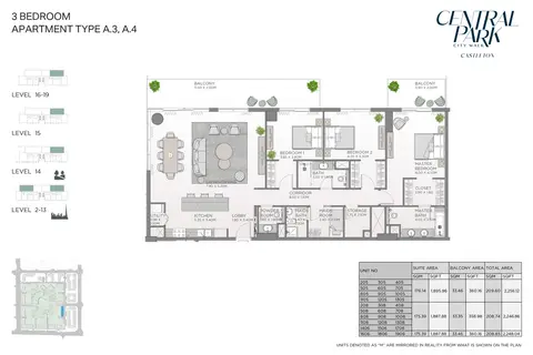 Castleton Central Park: Plattegrond Apartment Type A.3,A.4, Level 16-19, 2,248 sq ft