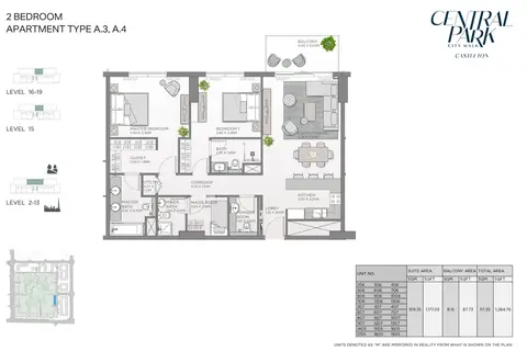 Castleton Central Park: Plattegrond Apartment Type A.3,A.4, Level 16-19, 1,265 sq ft