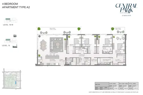 Castleton Central Park: Plattegrond Apartment Type A2, Level 16-19, 3,079 sq ft