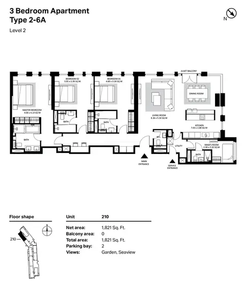 Bluewaters Residences: 3bd-apt-type2-6A-L2-1821-sqft, 1,821 sq ft 户型图