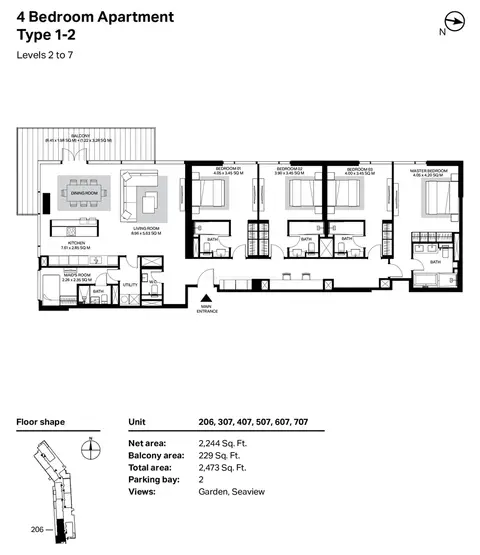 Bluewaters Residences: 4bd-apt-type1-2-L2to7-2473-sqft, 2,473 sq ft 户型图