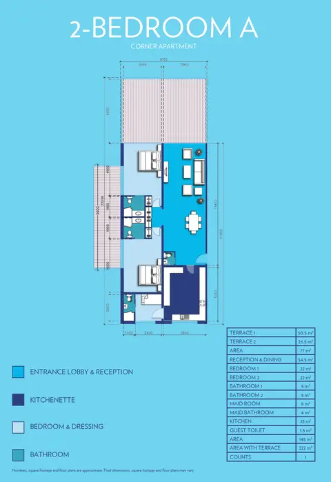 Azure Residence Palm Jumeirah: Floor plan 2Bedroom-A, 222 sq ft