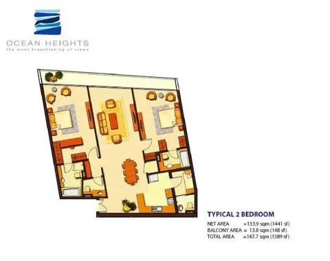 Ocean Heights: TYPE 1, 1,589 sq ft 户型图