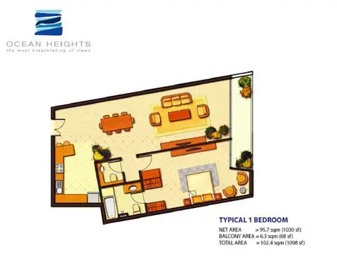 Ocean Heights: TYPE 2, 1,098 sq ft 户型图