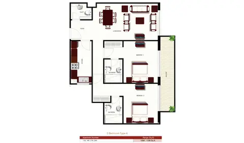 Prescott Prime Views Meydan: Floor plan 2bd-type-A-1156, 1,156 sq ft