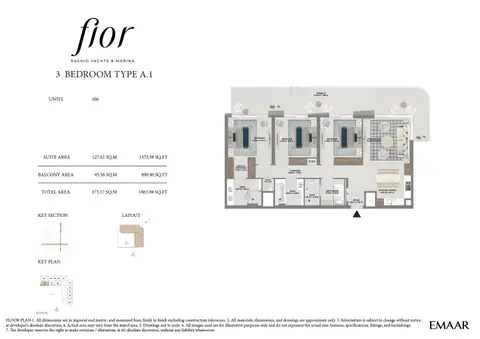 Fior at Rashid Yachts and Marina: Unit 106 (Type A.1), 1,864 sq ft 户型图