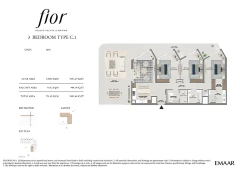 Fior at Rashid Yachts and Marina: Unit 1010 (Type C.1), 2,493 sq ft 户型图