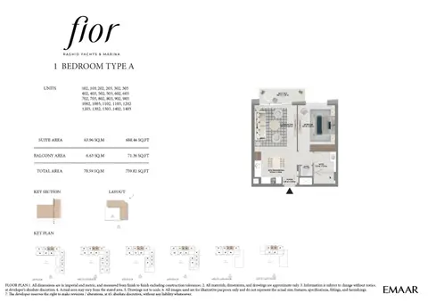 Fior at Rashid Yachts and Marina: Unit 102-1403 (Type A), 760 sq ft 户型图
