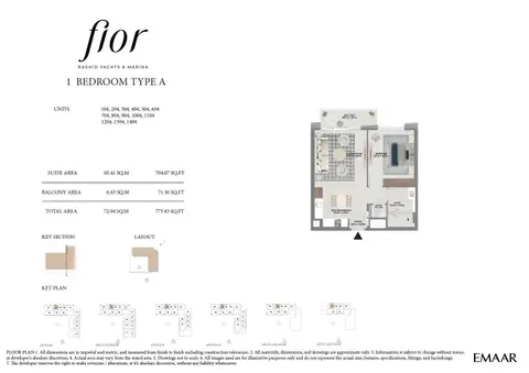Fior at Rashid Yachts and Marina: Unit 104-1404 (Type A), 775 sq ft 户型图