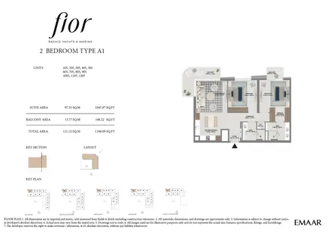 Fior at Rashid Yachts and Marina: Unit 105-1205 (Type A1), 1,196 sq ft 户型图
