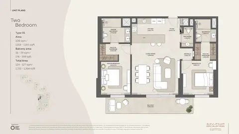 Mahra at Expo Valley Views: Floor plan Type 01, 1,364 sq ft