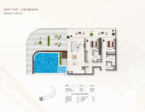 Binghatti Flare 2: Floor plan 2 Bedroom + Pool, 2,328 sq ft