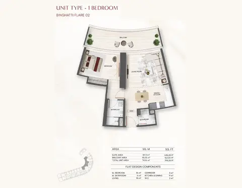 Binghatti Flare 2: Floor plan 1 Bedroom2, 798 sq ft