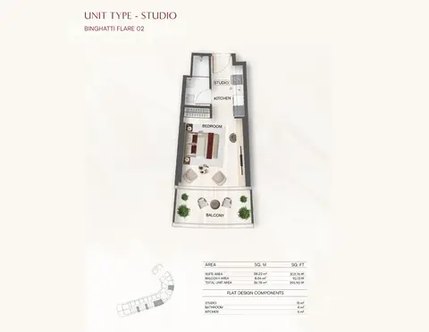 Binghatti Flare 2: Floor plan Studio2, 396 sq ft