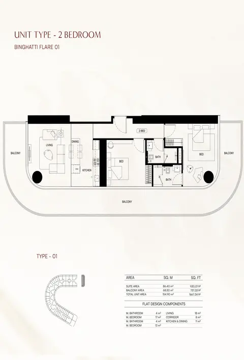 Binghatti Flare: Floor plan Type 01, 1,667 sq ft