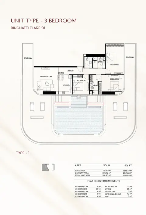 Binghatti Flare: Floor plan Type 01, 3,788 sq ft