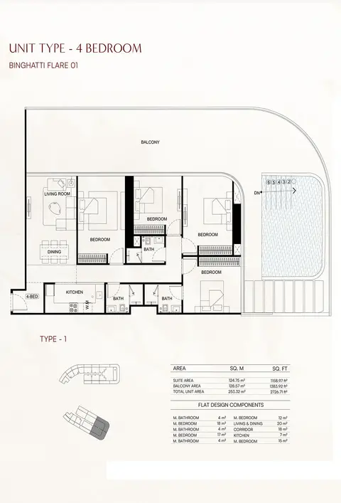 Binghatti Flare: Floor plan Type 01, 2,727 sq ft