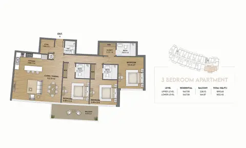Ocean Tower at Dubai Islands: Floor plan Three Bedroom, 1,896 sq ft