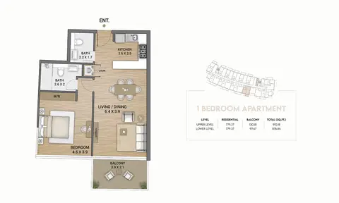 Ocean Tower at Dubai Islands: Floor plan One Bedroom, 910 sq ft