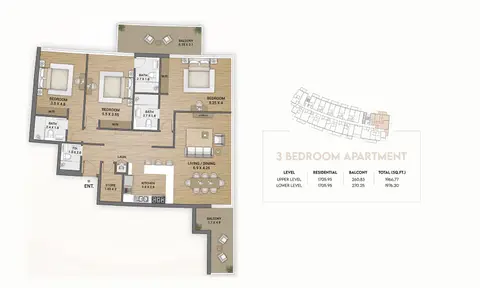 Ocean Tower at Dubai Islands: Floor plan Three Bedroom, 1,976 sq ft