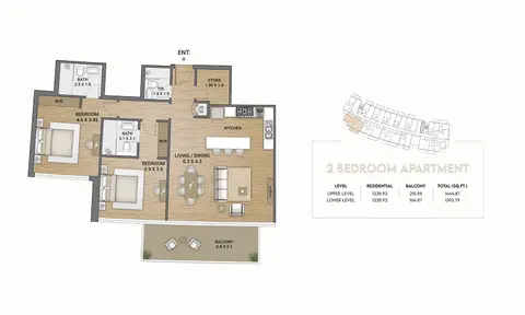 Ocean Tower at Dubai Islands: Floor plan Two Bedroom, 1,445 sq ft