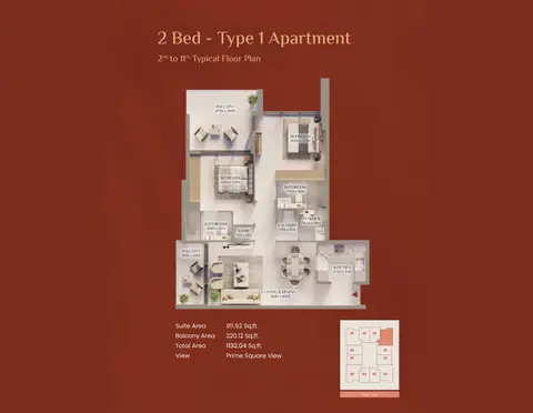 Bliss Tower Dubailand: Type 1, 1,132 sq ft 户型图