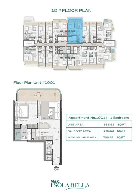 MAK Isola Bella: Floor plan 1001, 729 sq ft