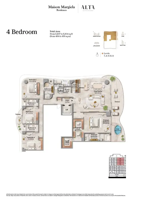 Maison Margiela Residences: 4 Bedroom, 5,304 sq ft 户型图