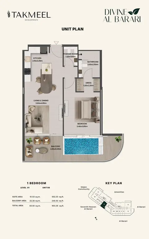 Divine Al Barari: Floor plan Unit 06, 903 sq ft