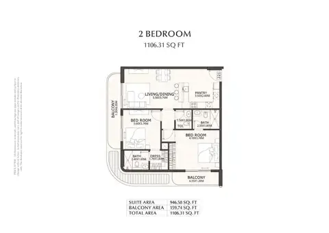 كوفنتري جاردنز في دبي لاند: مخطط الطابق Type A, 1,106 sq ft
